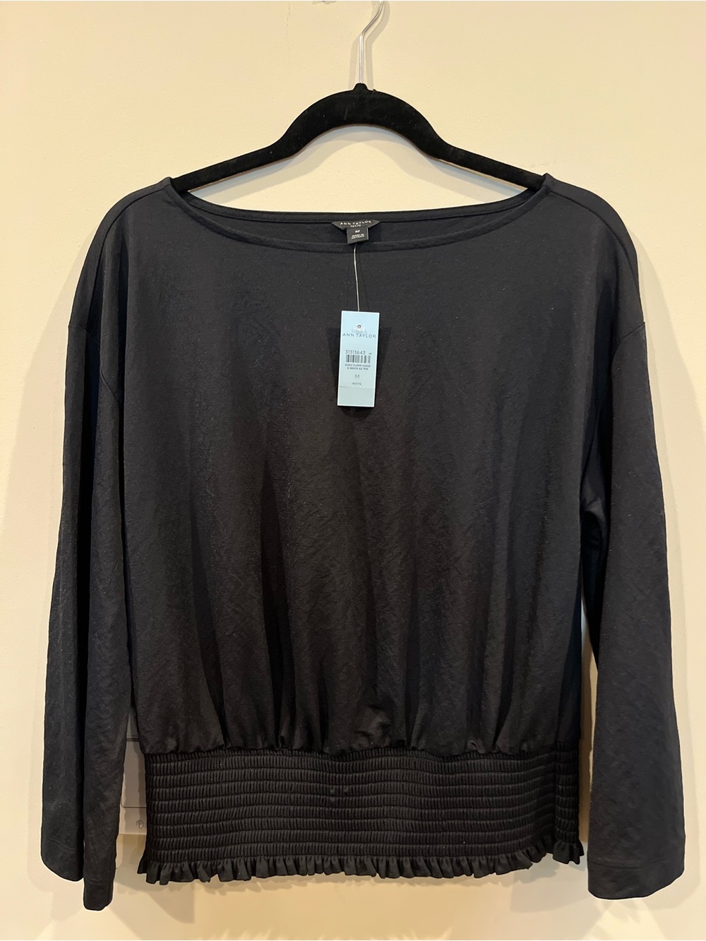 NWT Ann Taylor Black Smocked Waist Boatneck Petite Long Sleeve Blouse - MP